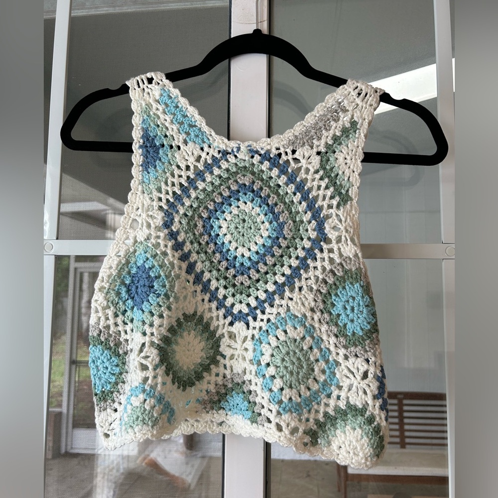 Altar’d state blue green white knit boho crochet crop tank - Picture 6 of 9